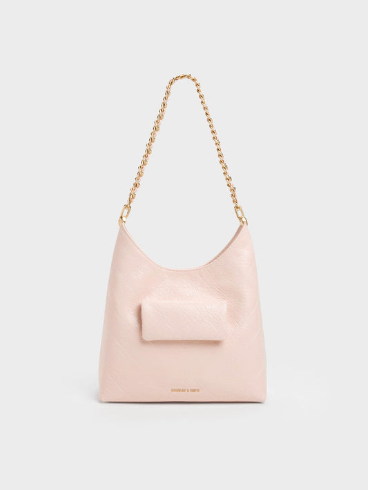 CHARLES & KEITH Classic / Duo Quilted Front-Pocket Chain Hobo Bag - Soft Pink