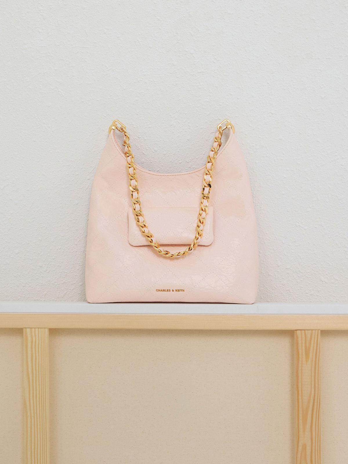 CHARLES & KEITH Classic / Duo Quilted Front-Pocket Chain Hobo Bag - Soft Pink