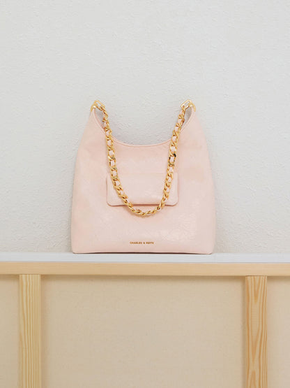 CHARLES & KEITH Classic / Duo Quilted Front-Pocket Chain Hobo Bag - Soft Pink
