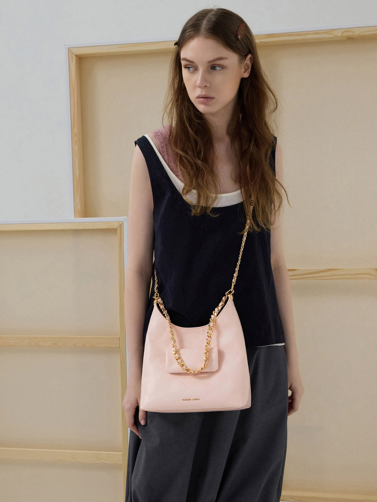CHARLES & KEITH Classic / Duo Quilted Front-Pocket Chain Hobo Bag - Soft Pink