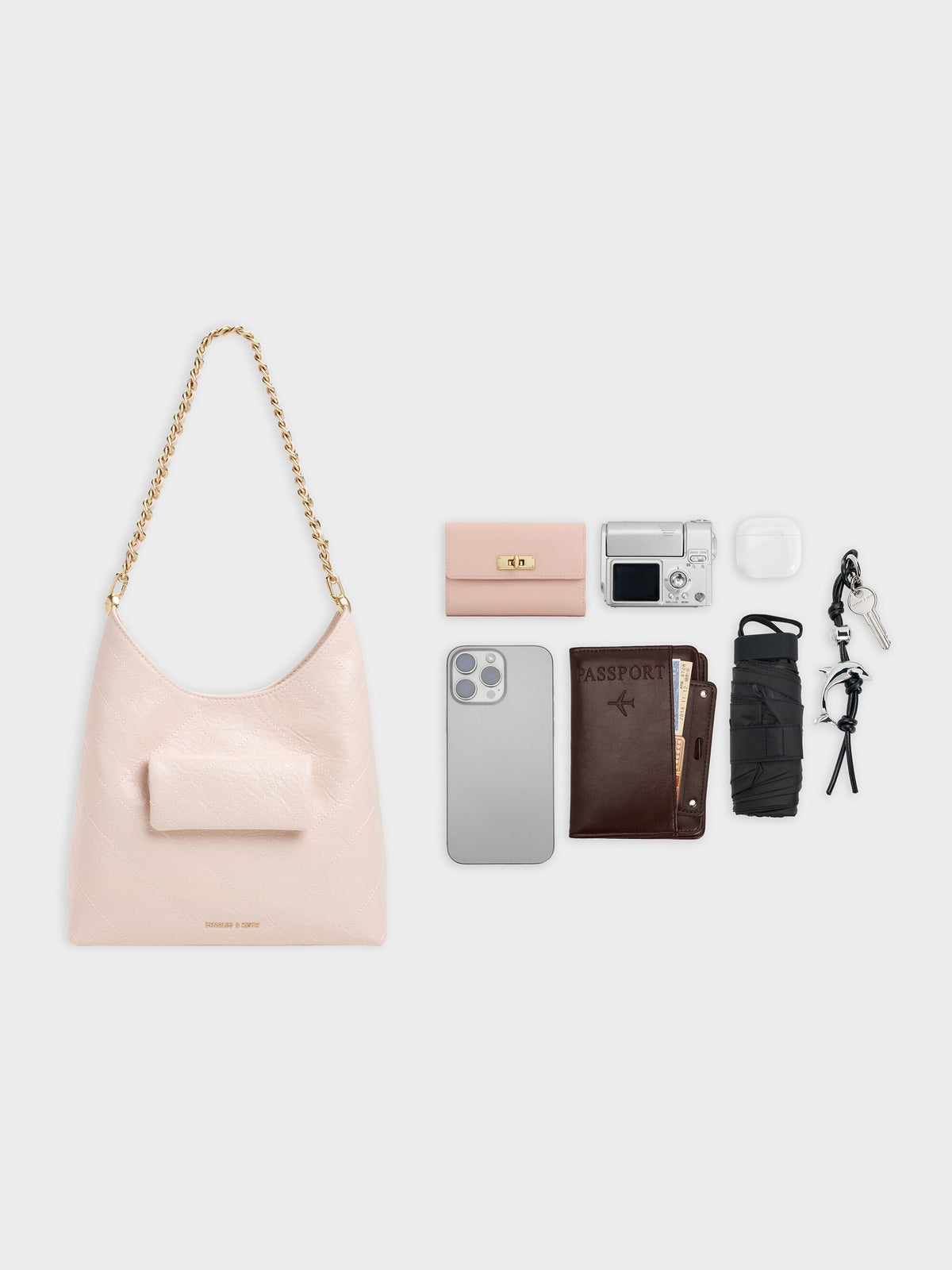 CHARLES & KEITH Classic / Duo Quilted Front-Pocket Chain Hobo Bag - Soft Pink