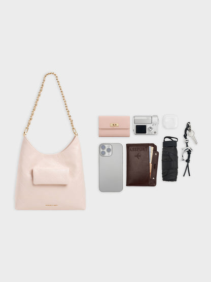 CHARLES & KEITH Classic / Duo Quilted Front-Pocket Chain Hobo Bag - Soft Pink