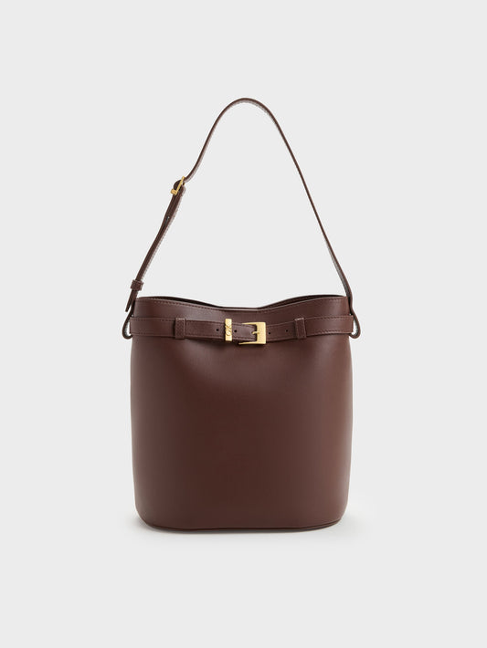 CHARLES & KEITH Premium / Jody Leather Belted Bucket Bag - Brown