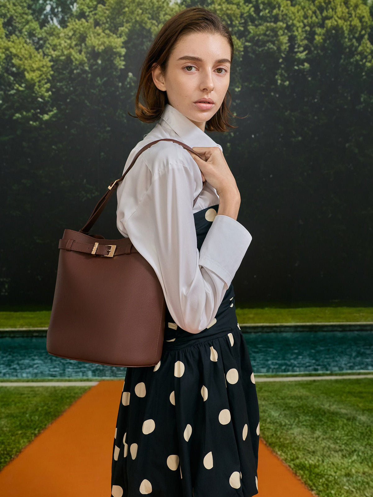 CHARLES & KEITH Premium / Jody Leather Belted Bucket Bag - Brown