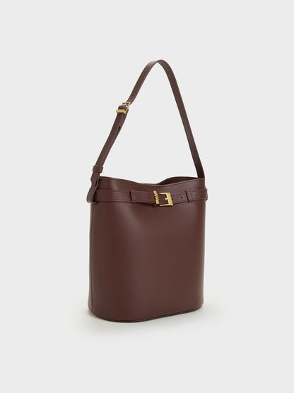 CHARLES & KEITH Premium / Jody Leather Belted Bucket Bag - Brown