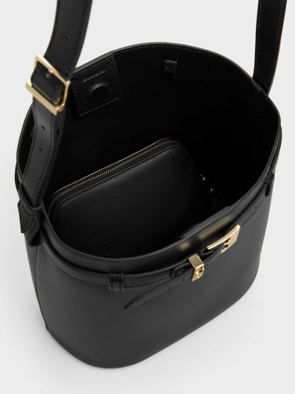 CHARLES & KEITH Best Price / Jody Leather Belted Bucket Bag - Black