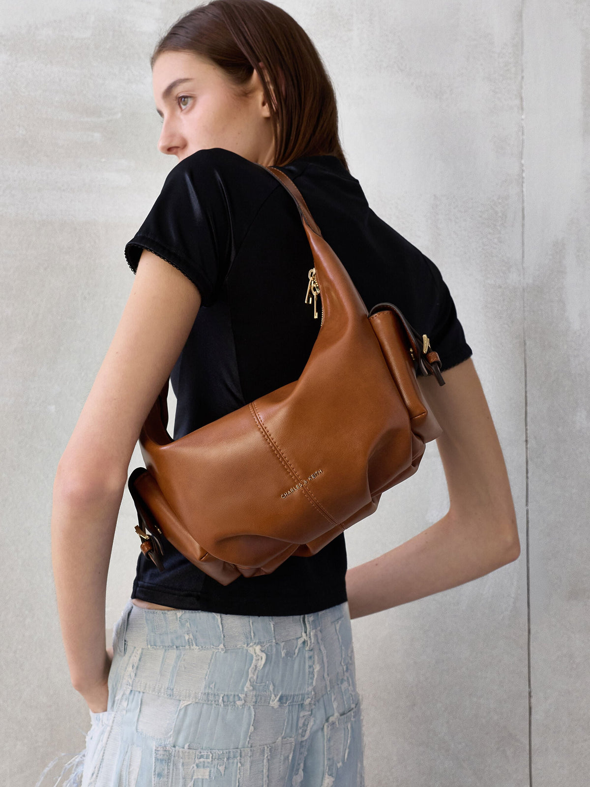 CHARLES & KEITH Signature / Bessie Side-Pocket Hobo Bag - Distressed Tan