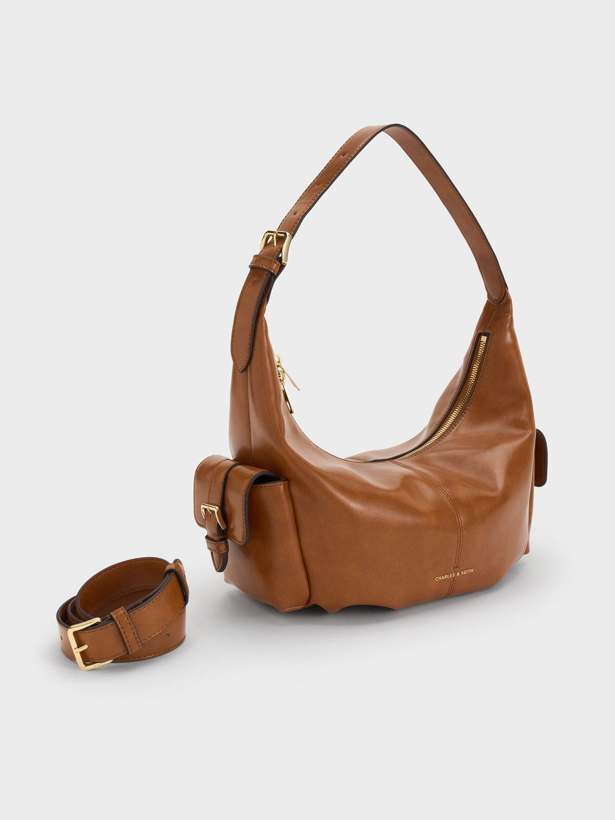 CHARLES & KEITH Signature / Bessie Side-Pocket Hobo Bag - Distressed Tan