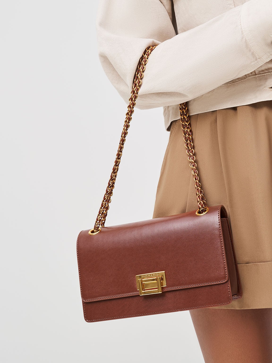 CHARLES & KEITH Hot Sale / Everline Braided-Strap Shoulder Bag - Chocolate