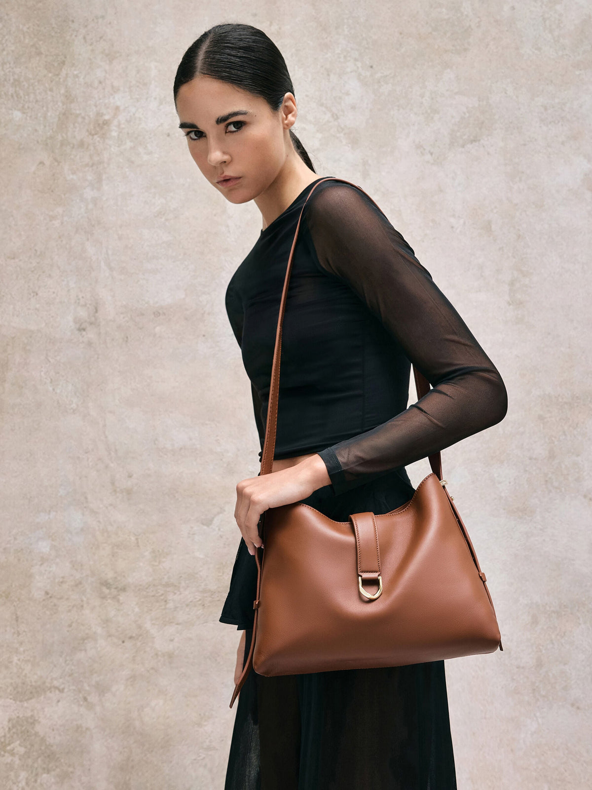 CHARLES & KEITH Latest / Gabine Leather Belted Hobo Bag - Chocolate