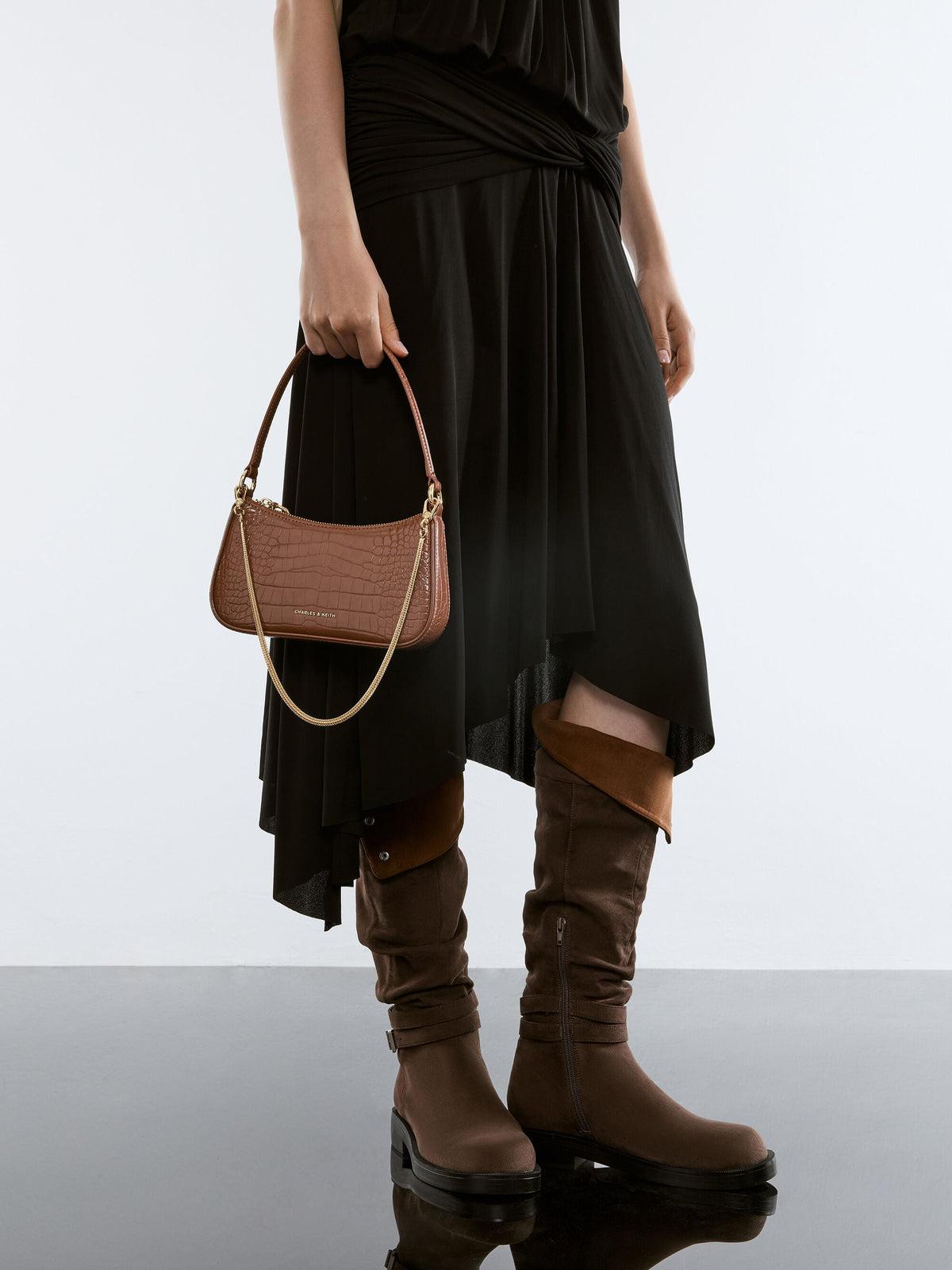 CHARLES & KEITH Discount / Elspeth Croc-Effect Shoulder Bag - Chocolate Croco