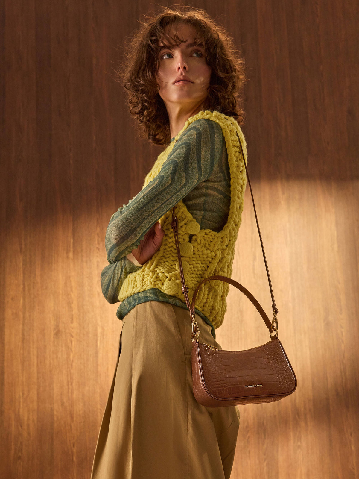 CHARLES & KEITH Discount / Elspeth Croc-Effect Shoulder Bag - Chocolate Croco