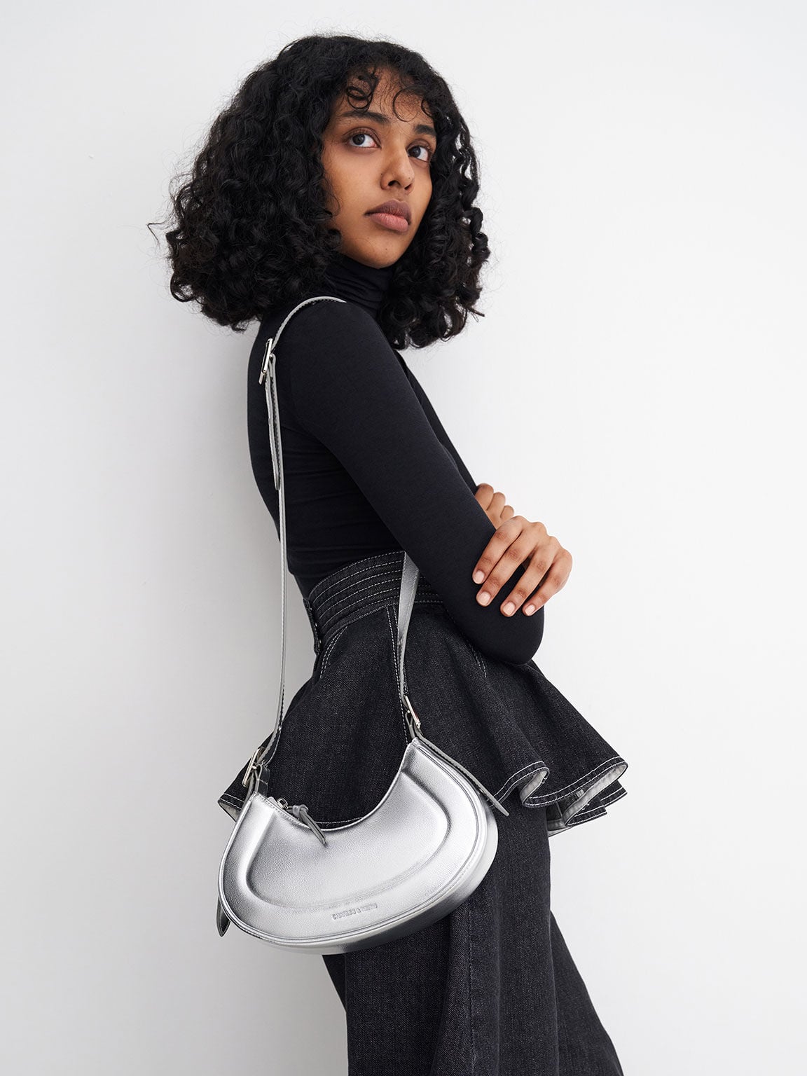 CHARLES & KEITH New / Petra Curved Shoulder Bag - Silver
