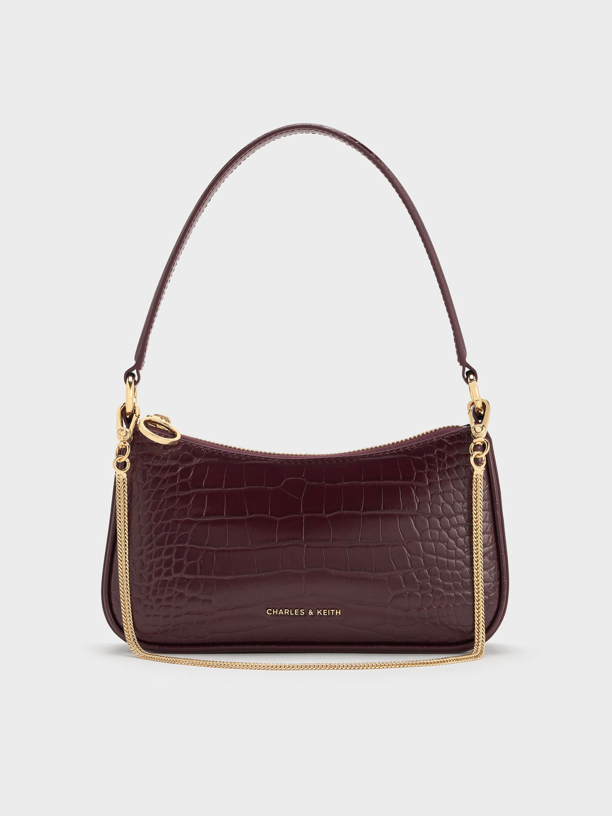 CHARLES & KEITH Great Value / Elspeth Croc-Effect Chain-Link Shoulder Bag - Maroon Red Croco