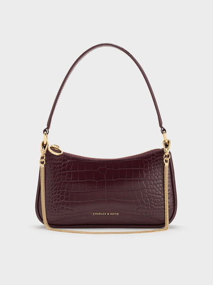 CHARLES & KEITH Great Value / Elspeth Croc-Effect Chain-Link Shoulder Bag - Maroon Red Croco