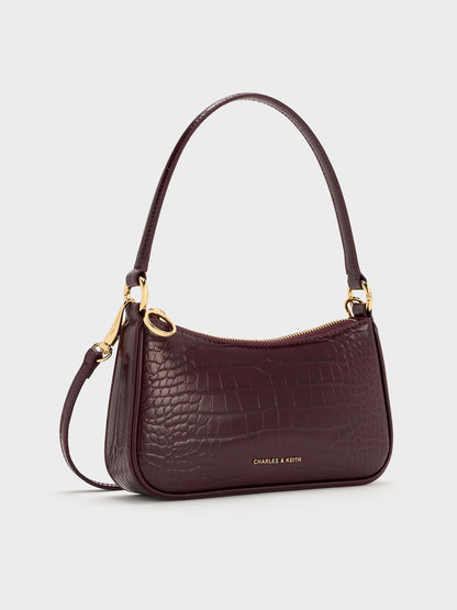 CHARLES & KEITH Great Value / Elspeth Croc-Effect Chain-Link Shoulder Bag - Maroon Red Croco
