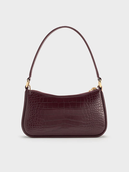 CHARLES & KEITH Great Value / Elspeth Croc-Effect Chain-Link Shoulder Bag - Maroon Red Croco
