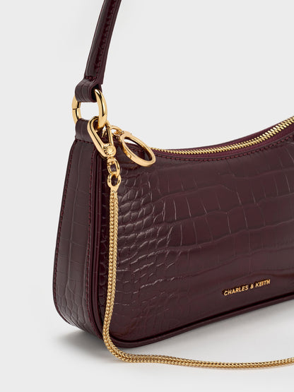 CHARLES & KEITH Great Value / Elspeth Croc-Effect Chain-Link Shoulder Bag - Maroon Red Croco