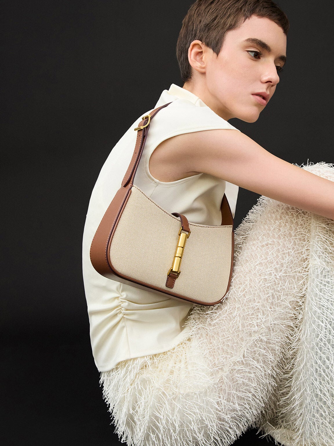CHARLES & KEITH Deals / Cesia Canvas Metallic-Accent Shoulder Bag - Chocolate