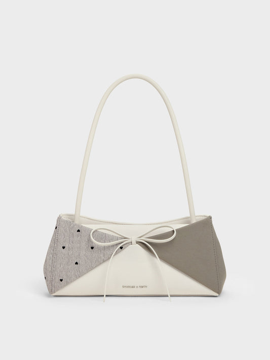 CHARLES & KEITH Top Pick / Hazel Heart-Print Bow Panelled Shoulder Bag - Taupe