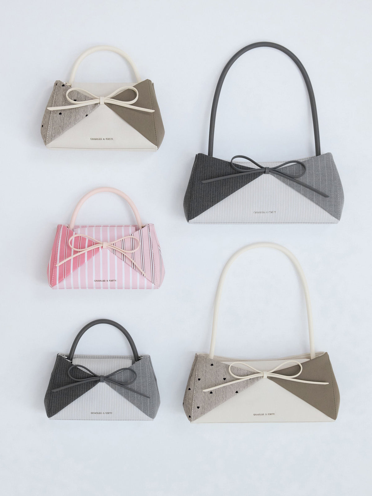CHARLES & KEITH Top Pick / Hazel Heart-Print Bow Panelled Shoulder Bag - Taupe