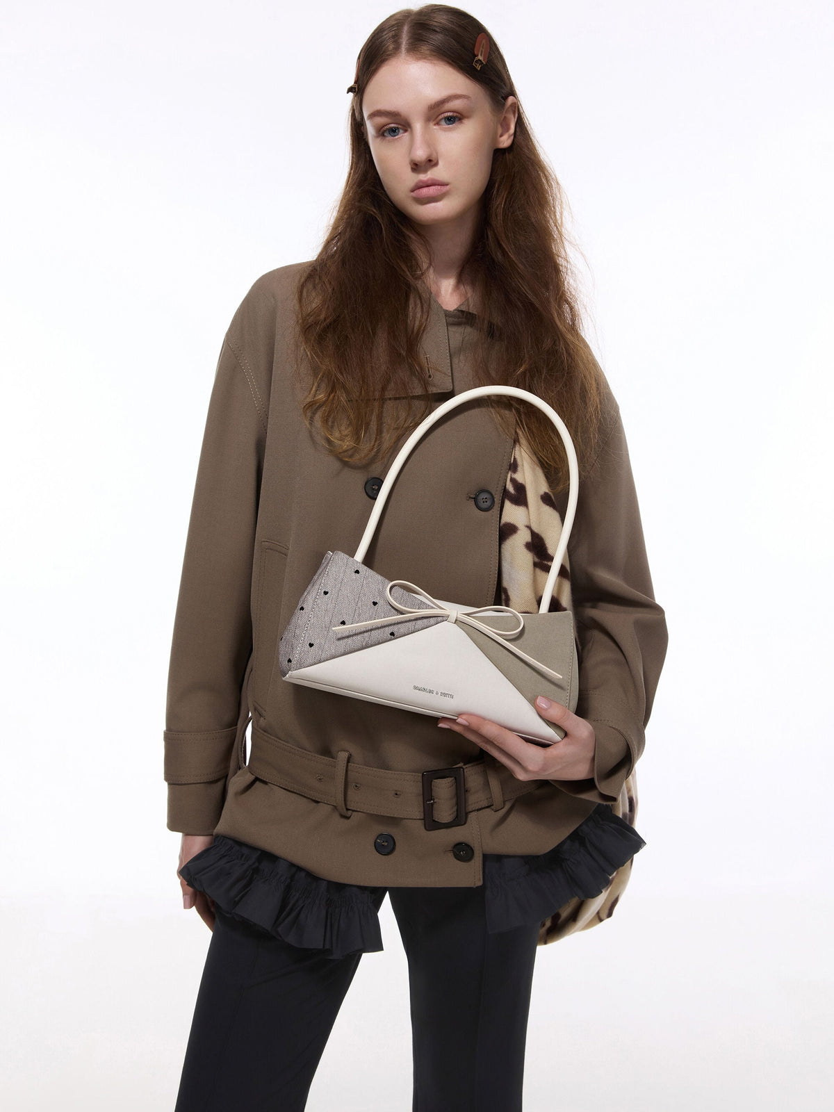CHARLES & KEITH Top Pick / Hazel Heart-Print Bow Panelled Shoulder Bag - Taupe