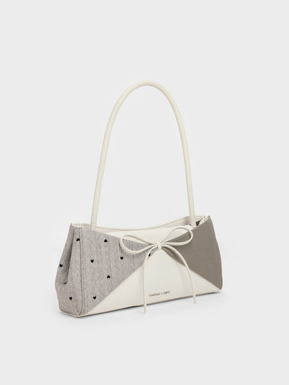 CHARLES & KEITH Top Pick / Hazel Heart-Print Bow Panelled Shoulder Bag - Taupe
