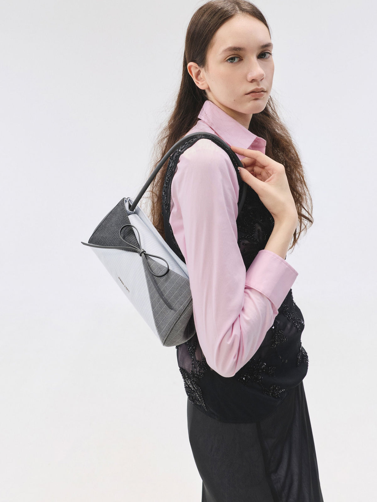 CHARLES & KEITH Deals / Hazel Striped Bow Panelled Shoulder Bag - Grey