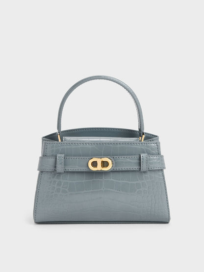 CHARLES & KEITH Everyday / Aubrielle Croc-Effect Belted Top Handle Bag - Smoky Blue