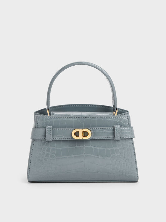 CHARLES & KEITH Everyday / Aubrielle Croc-Effect Belted Top Handle Bag - Smoky Blue