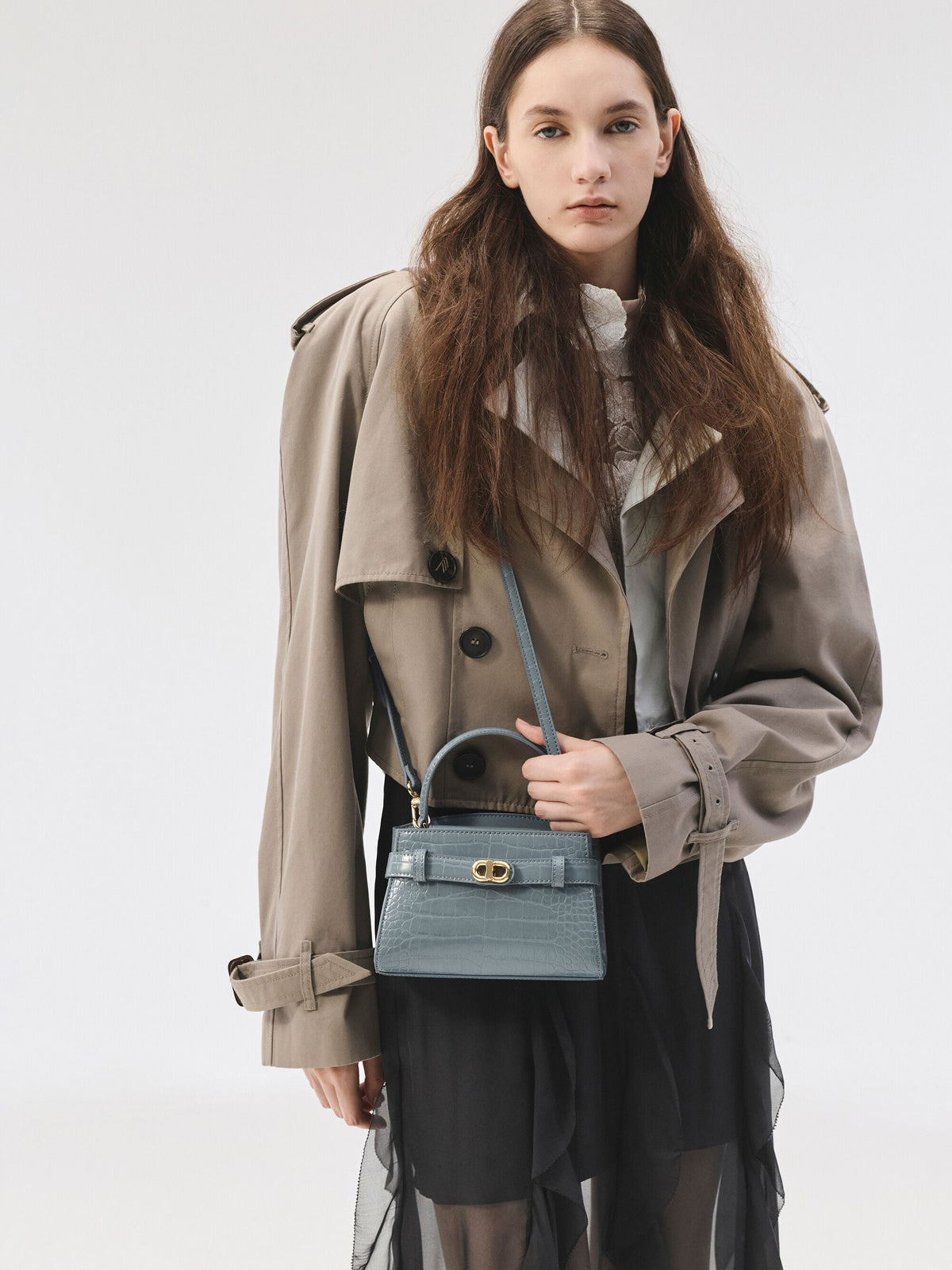 CHARLES & KEITH Everyday / Aubrielle Croc-Effect Belted Top Handle Bag - Smoky Blue