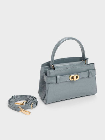 CHARLES & KEITH Everyday / Aubrielle Croc-Effect Belted Top Handle Bag - Smoky Blue