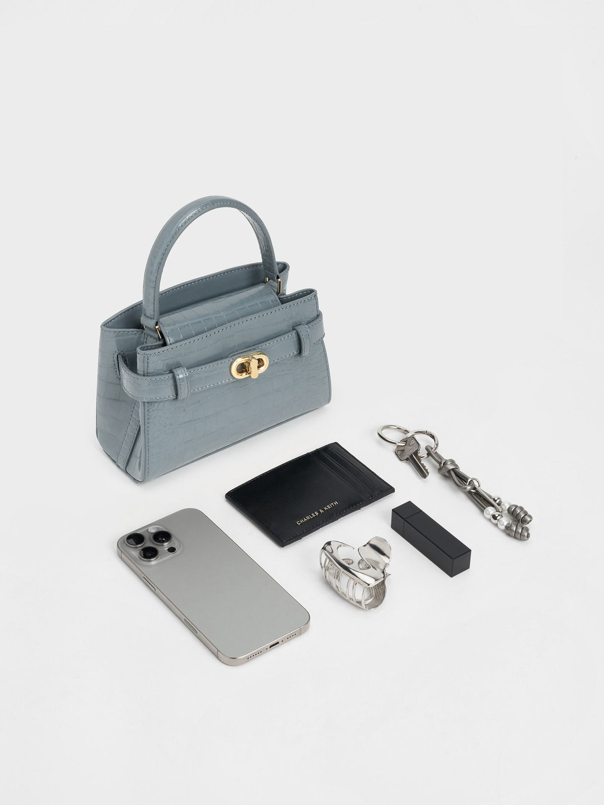 CHARLES & KEITH Everyday / Aubrielle Croc-Effect Belted Top Handle Bag - Smoky Blue