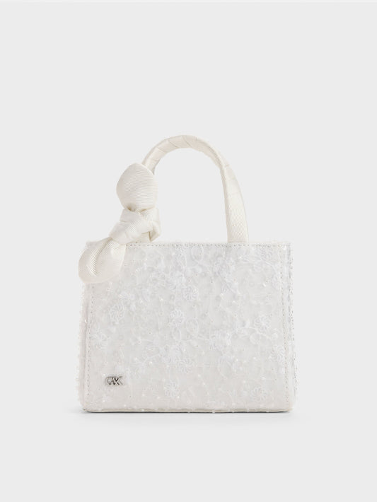 CHARLES & KEITH New / Albany Embroidered-Mesh Beaded Mini Bag - White