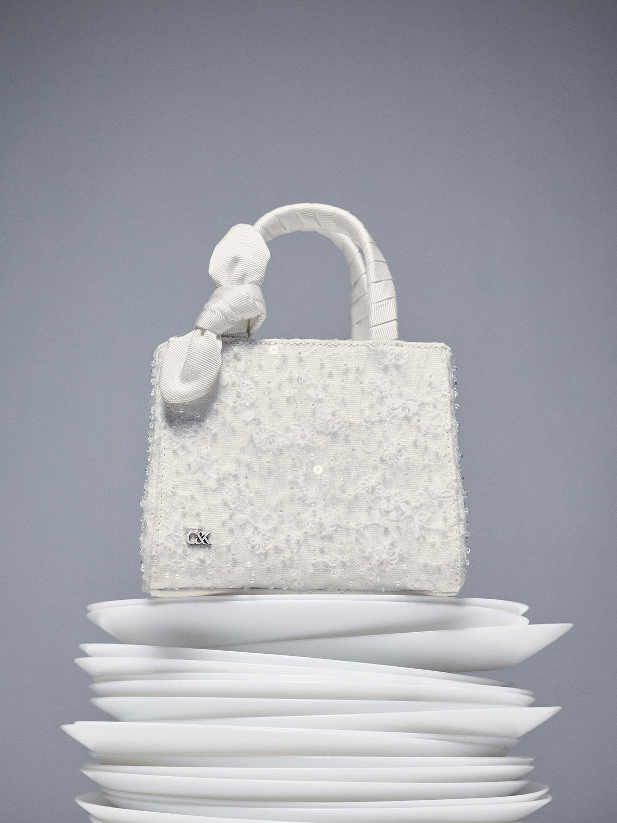 CHARLES & KEITH New / Albany Embroidered-Mesh Beaded Mini Bag - White