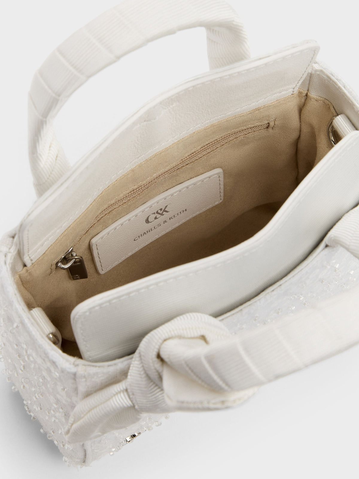 CHARLES & KEITH New / Albany Embroidered-Mesh Beaded Mini Bag - White