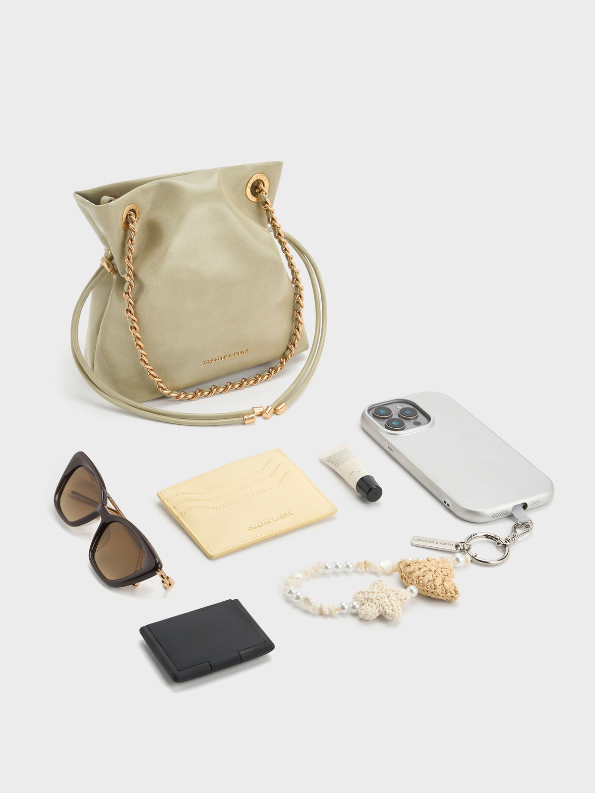 CHARLES & KEITH Smart Buy / Arya Braided-Chain Crossbody Bag - Pale Olive