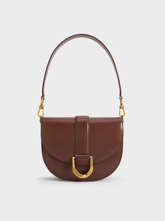 CHARLES & KEITH Hot Sale / Gabine Leather Saddle Bag - Dark Brown