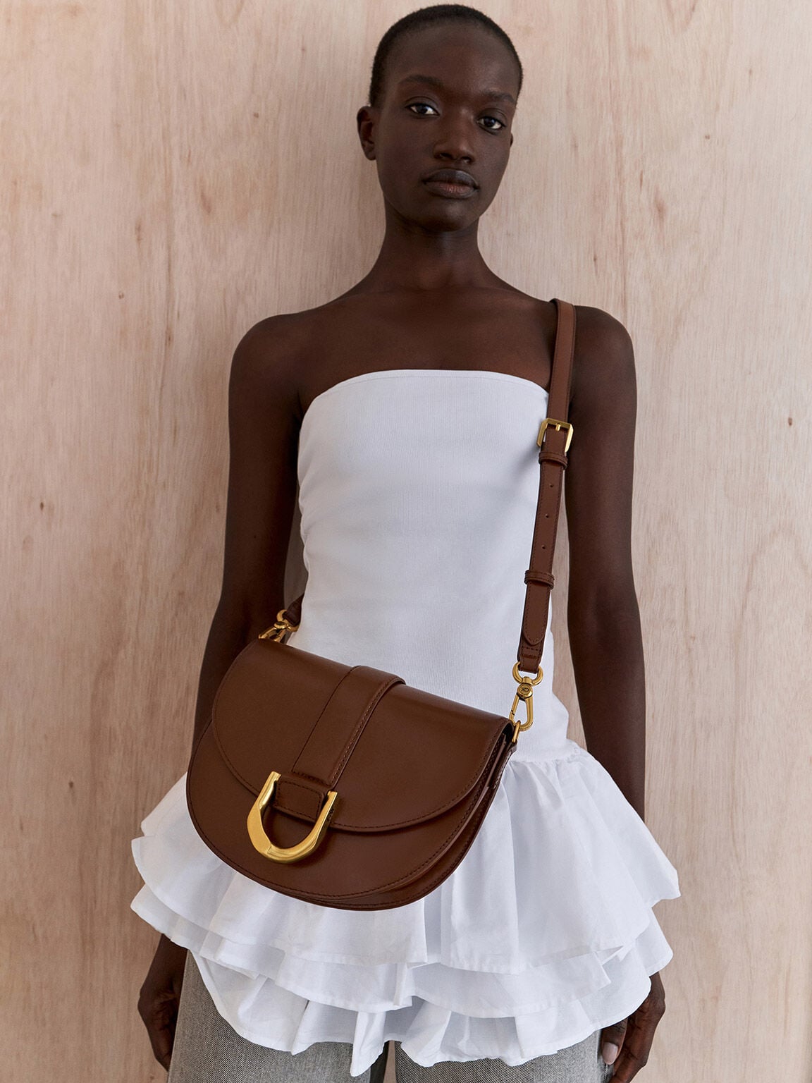CHARLES & KEITH Hot Sale / Gabine Leather Saddle Bag - Dark Brown