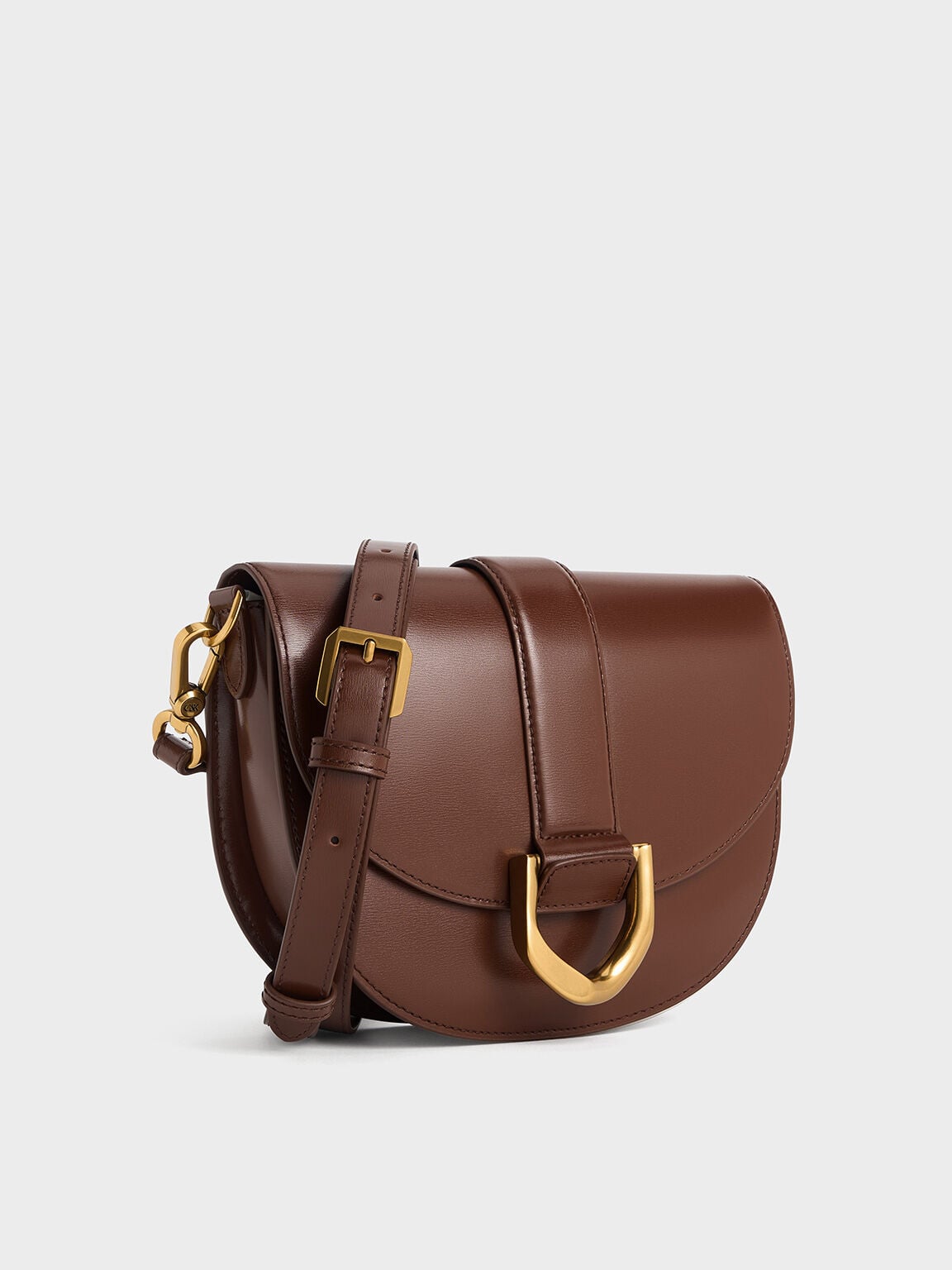 CHARLES & KEITH Hot Sale / Gabine Leather Saddle Bag - Dark Brown