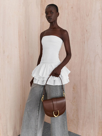 CHARLES & KEITH Hot Sale / Gabine Leather Saddle Bag - Dark Brown