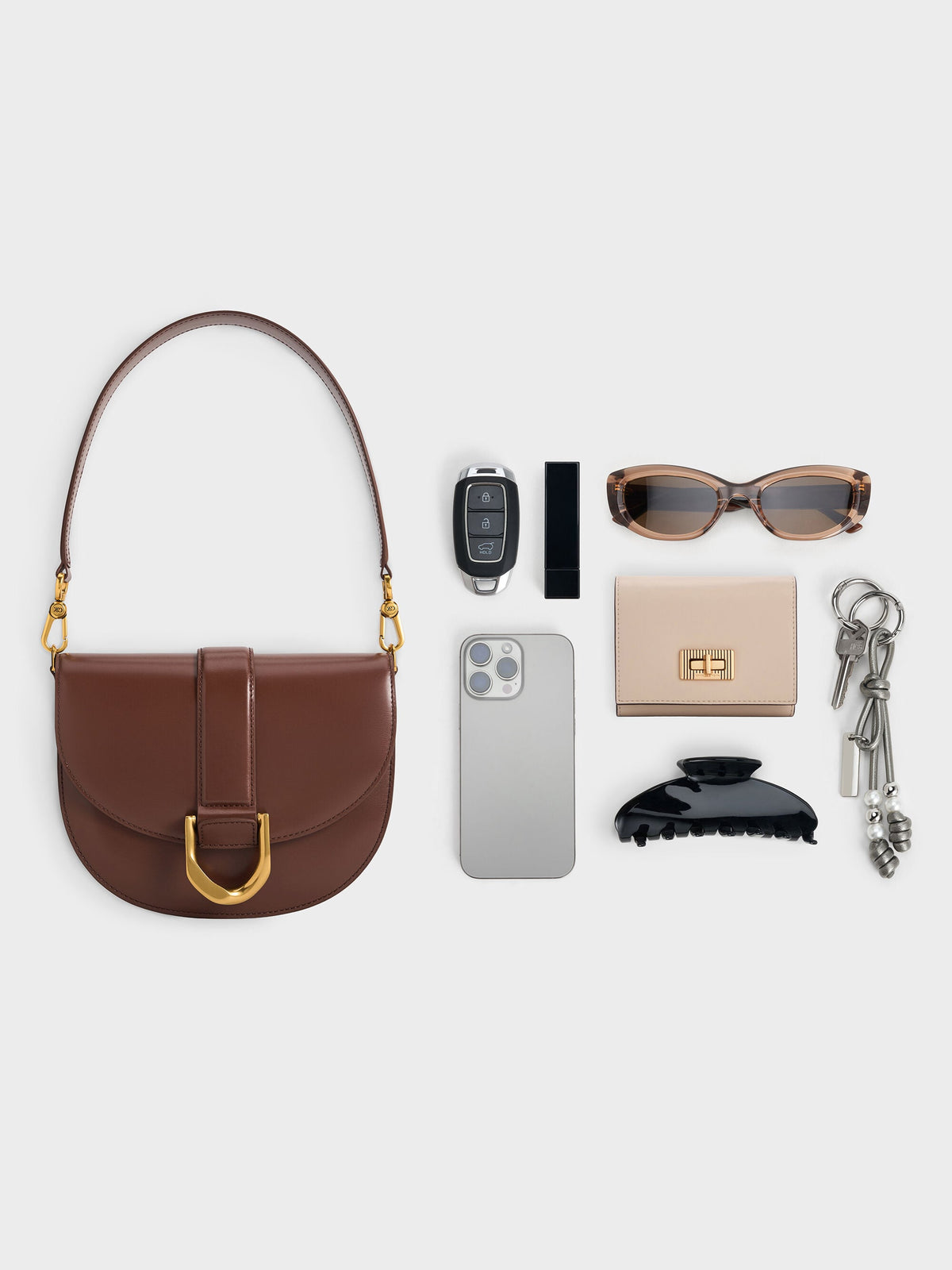 CHARLES & KEITH Hot Sale / Gabine Leather Saddle Bag - Dark Brown