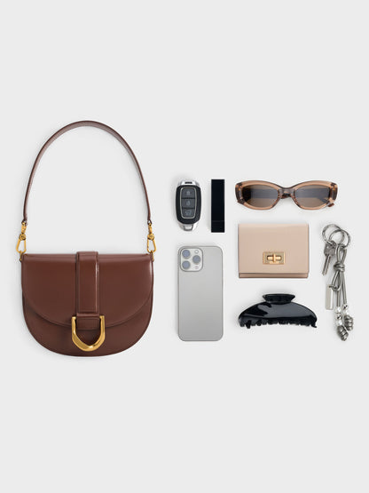 CHARLES & KEITH Hot Sale / Gabine Leather Saddle Bag - Dark Brown
