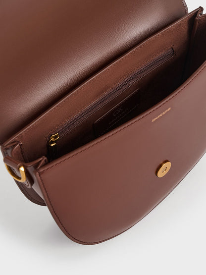 CHARLES & KEITH Hot Sale / Gabine Leather Saddle Bag - Dark Brown