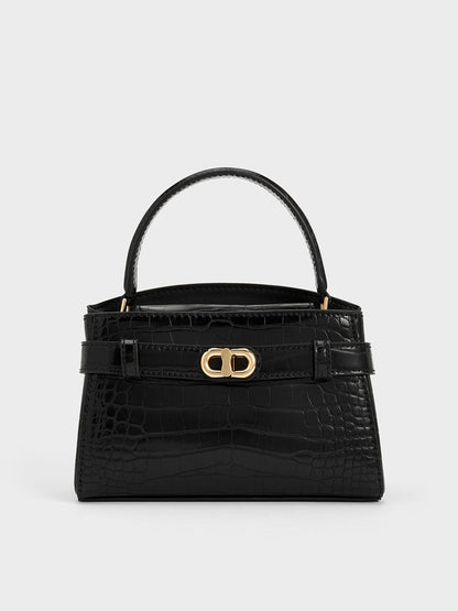 CHARLES & KEITH Discount / Aubrielle Croc-Effect Belted Top Handle Bag - Black