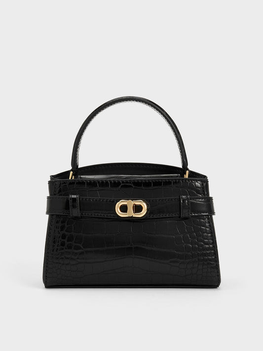 CHARLES & KEITH Discount / Aubrielle Croc-Effect Belted Top Handle Bag - Black