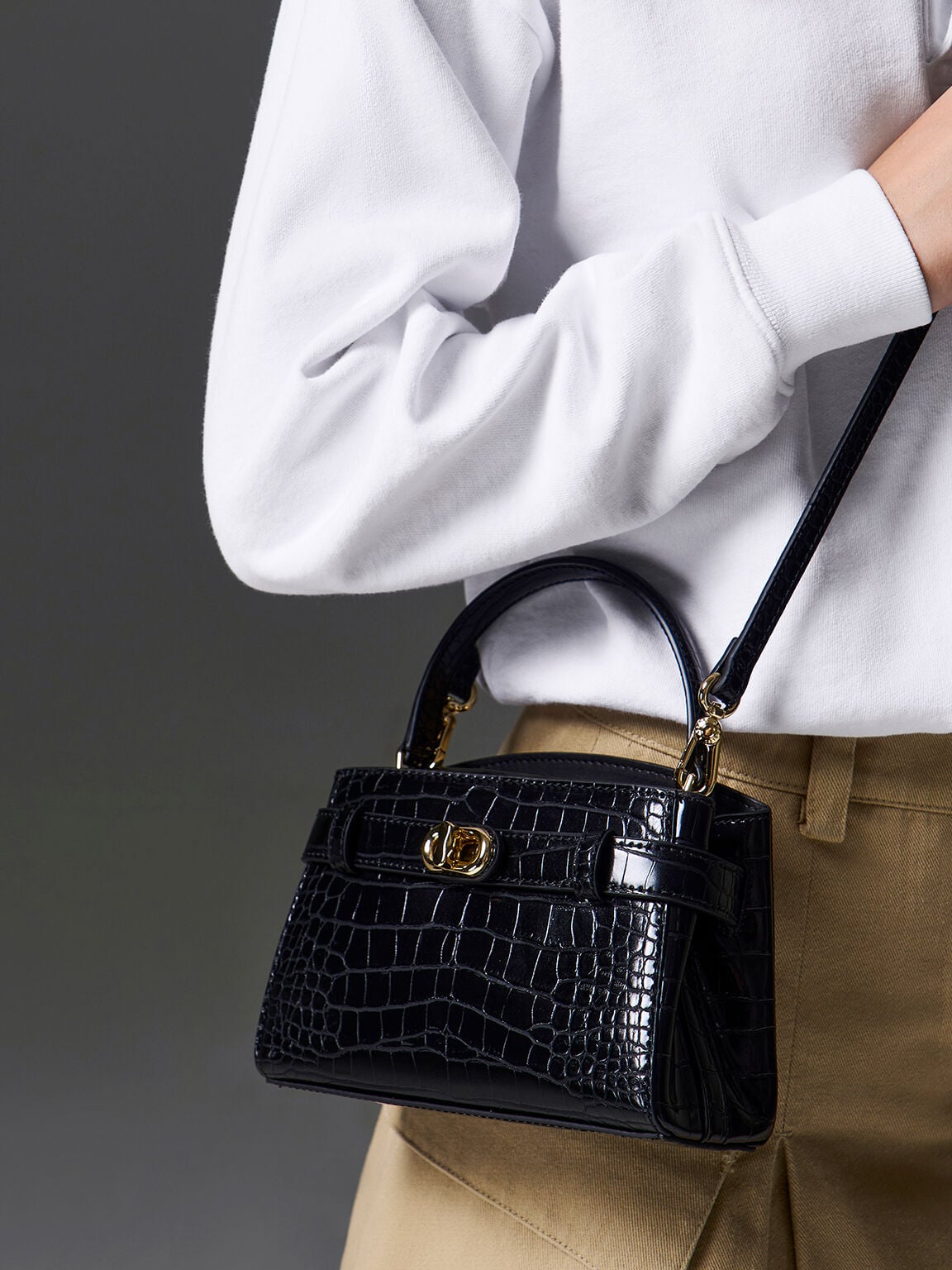 CHARLES & KEITH Discount / Aubrielle Croc-Effect Belted Top Handle Bag - Black