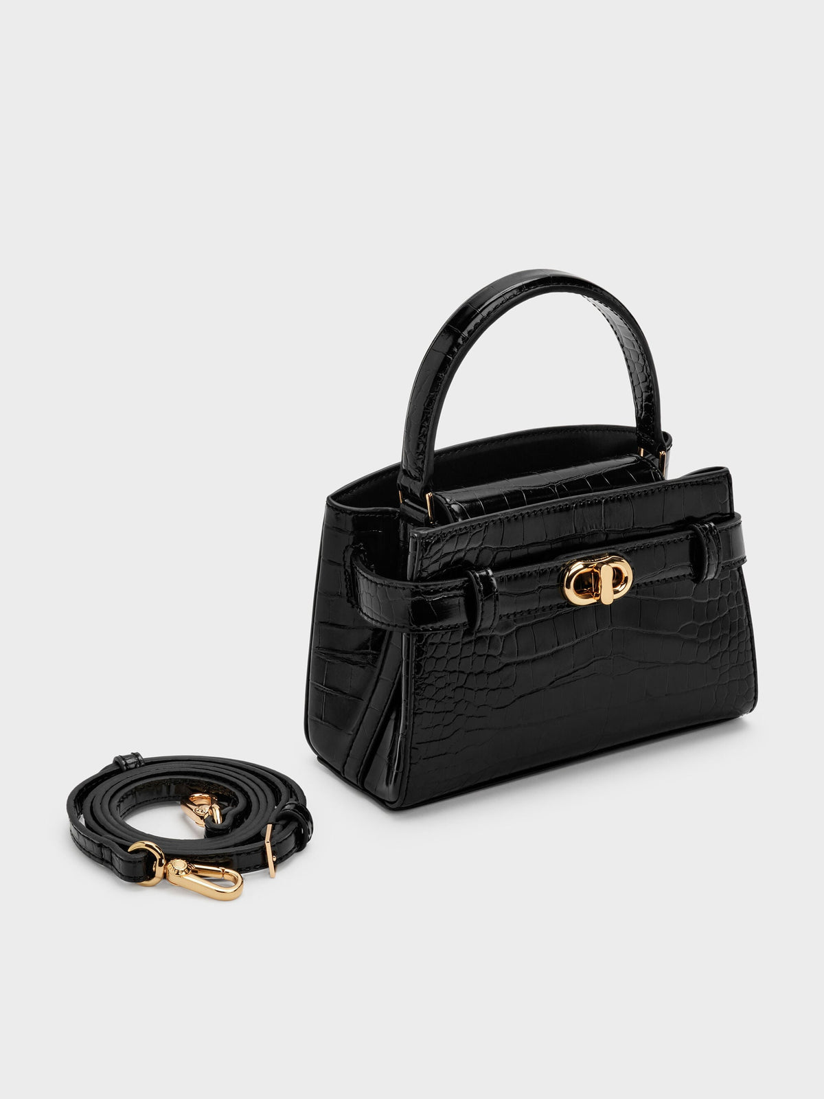 CHARLES & KEITH Discount / Aubrielle Croc-Effect Belted Top Handle Bag - Black