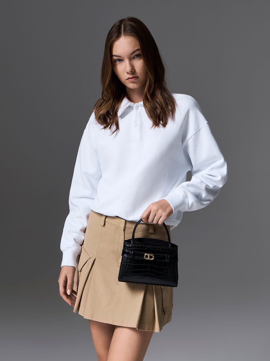 CHARLES & KEITH Discount / Aubrielle Croc-Effect Belted Top Handle Bag - Black