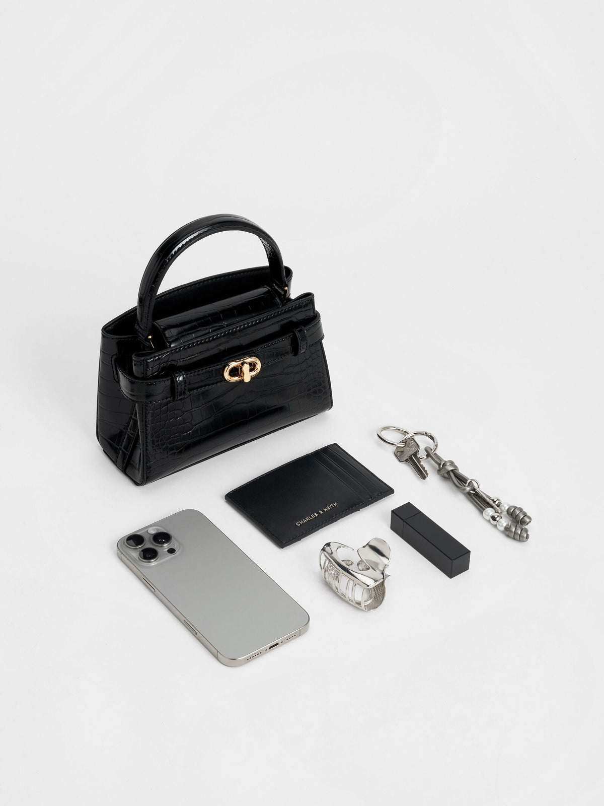 CHARLES & KEITH Discount / Aubrielle Croc-Effect Belted Top Handle Bag - Black
